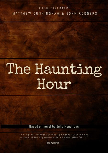 This movie poster for 'The Haunting Hour' features a dark wood background with bold font creating an eerie atmosphere. Perfect for promoting suspenseful thrillers, supernatural events, or other mystery-themed movies. The inclusion of authors and directors' names adds a professional touch, making it appealing for film advertising and visual marketing.
