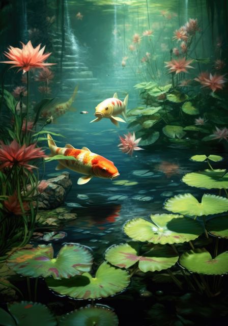 Depicting colorful koi fish gracefully swimming among lily pads in a tranquil pond with lush aquatic plants and flowers, this stock photo can be used for calming and decorative themes. Perfect for calendars, nature posters, or meditation websites.