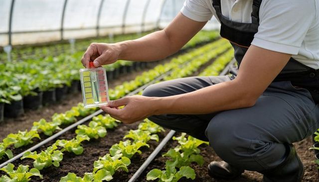 Agricultural technician testing irrigation water quality in greenhouse lettuce rows