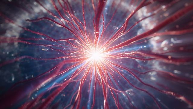 Radiating neural core sending red filaments across blue-purple field