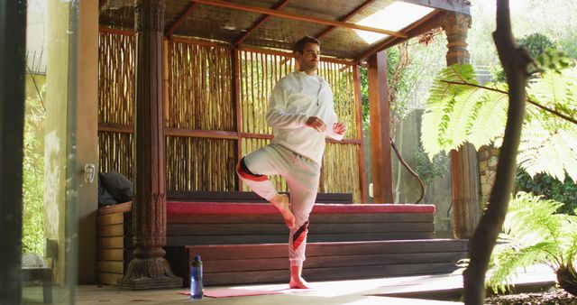 Man practicing tree pose during yoga session in serene backyard - Download Free Stock Images Pikwizard.com