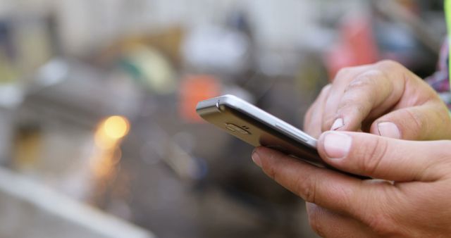 Person using smartphone with a blurred industrial background, suggesting integration of technology in professional, industrial, or engineering environments. Useful for illustrating connectivity, mobile communication, or technology in the workplace.