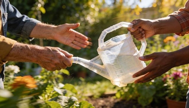 Gardeners passing transparent watering can over vegetable beds in sunlit backyard
