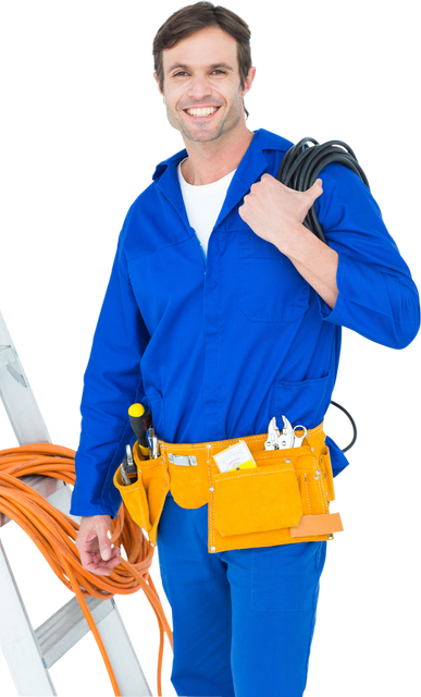 Transparent Electrician Smiling with Toolbox and Ladder - Download Free Stock Videos Pikwizard.com