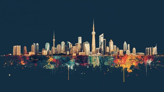 Vibrant City Skyline Above Splashes of Color