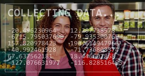 Smiling grocery team collecting data in produce aisle with digital overlay