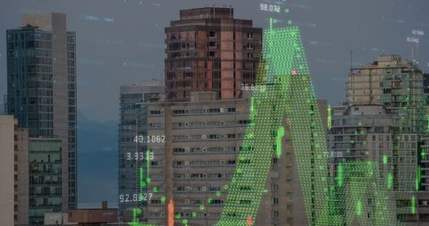 Cityscape with Financial Data Overlay in Digital Theme