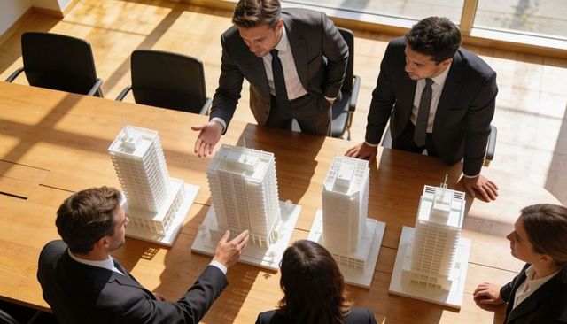 Executive team reviewing high-rise architectural models in sunlit boardroom meeting