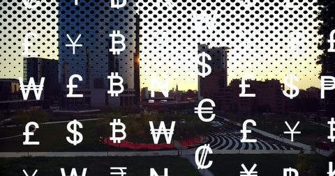 Contemporary Cityscape with Digital Currency Symbols Overlay - Download Free Stock Images Pikwizard.com
