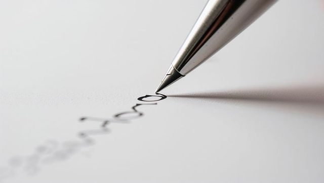 Closeup metal pen nib writing elegant cursive black ink on white paper with soft shadow