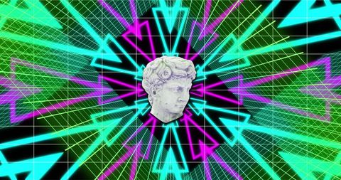 Classical sculpture with vibrant geometric background