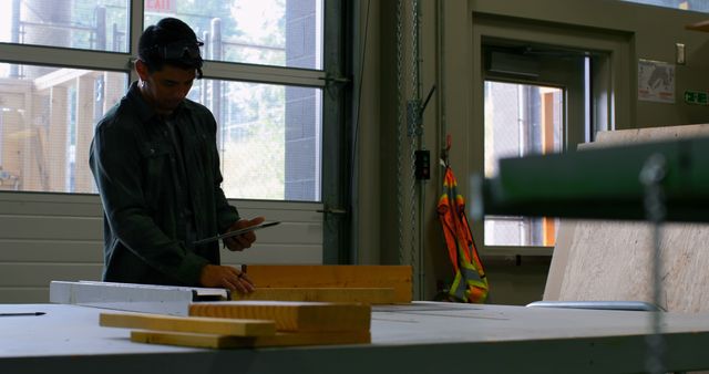 Male Carpenter Measuring Wood in Workshop - Download Free Stock Images Pikwizard.com