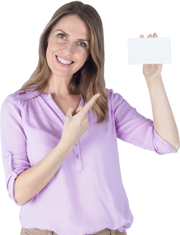 Smiling Woman Pointing at Blank Transparent Card for Text