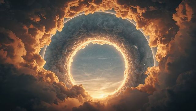 Glowing cloud torus portal framing starry sky with fiery rim and ethereal light