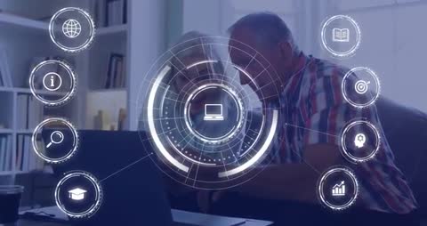 Elderly Couple Using Laptop with Futuristic Digital Interface