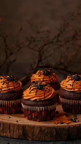 Halloween Chocolate Cupcakes with Orange Frosting and Black Spiders on Rustic Wood Closeup