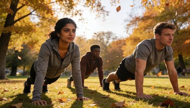 Autumn park group doing plank workout together under golden foliage for outdoor fitness
