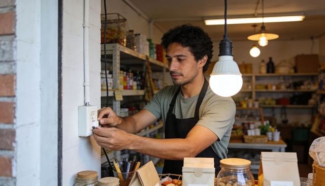 Small shop owner plugging in equipment at rustic counter under warm hanging lights