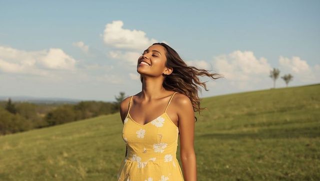 Hispanic woman enjoying sunlight in pastoral hillside wearing yellow floral dress