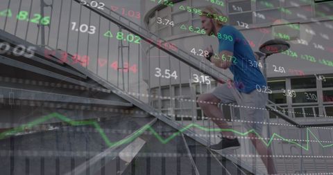 Man running against financial data background in urban area