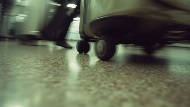 Suitcase glides through airport concourse in motion blur