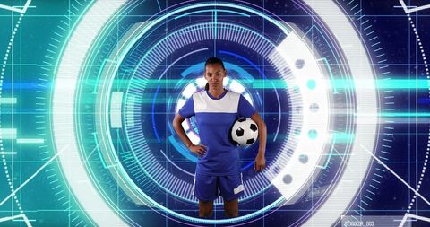 Confident Female Footballer in Digital Futuristic Interface