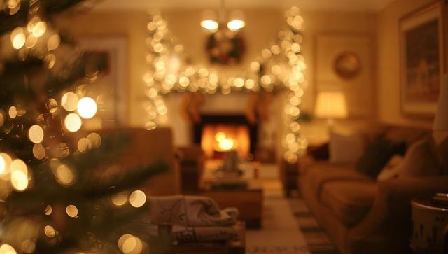 Cozy holiday living room glowing with fireplace warmth, garland, stockings and bokeh tree lights