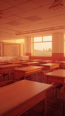 Vertical video showing empty classroom bathed in warm late afternoon sunlight with wooden desks
