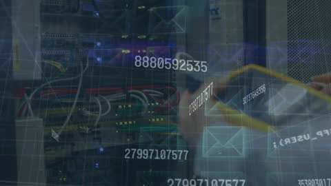 Engineer Analyzing Data Servers with Futuristic Digital Overlay