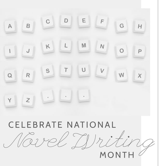 Image concept celebrating National Novel Writing Month (NaNoWriMo) with scattered keyboard alphabet letters. Ideal for promoting writing workshops, book clubs, and literary events. Useful for digital content related to creative writing, storytelling, author motivation, and educational resources.
