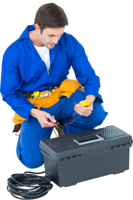 Transparent Electrician Kneeling with Multimeter and Tool Box - Download Free Stock Videos Pikwizard.com