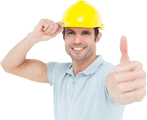 Confident architect in hard hat giving thumbs up transparent background