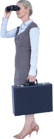 Transparent Businesswoman Holding Briefcase Using Binoculars