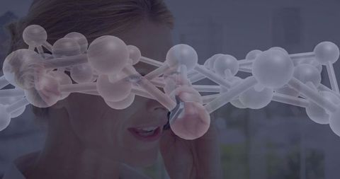Senior female scientist speaking on smartphone while translucent molecular network hovers