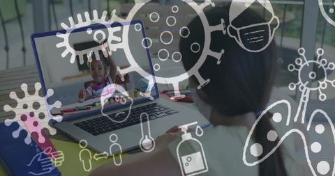 Remote Student on Digital Classroom Video Call with Health Icons