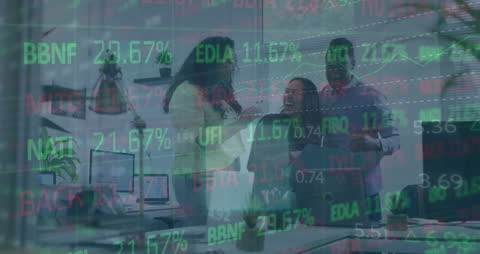 Colleagues Celebrating with Overlay of Financial Data Trends