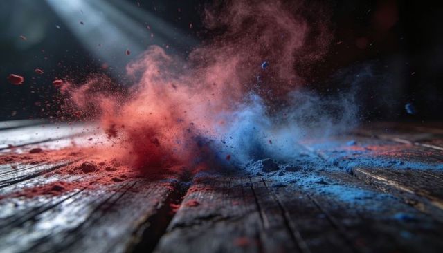 Exploding red blue powder clouds colliding over weathered wood planks dramatic color burst