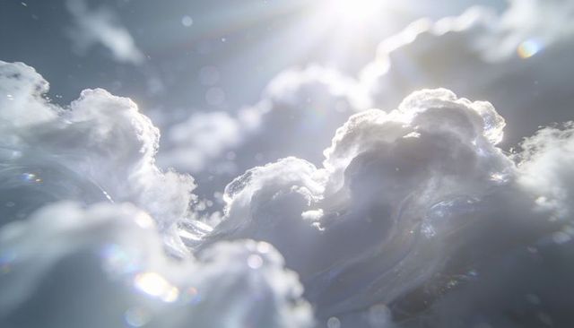 Sunlit billowing cumulus clouds with rim-lit edges and lens flares, ethereal skyscape