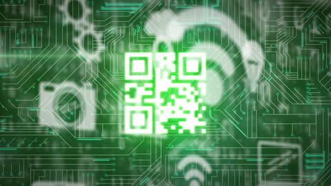 Digital Interface Featuring QR Code on Green Circuit Background