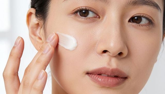 Asian woman applying facial moisturizer closeup smoothing cream on cheek skincare routine