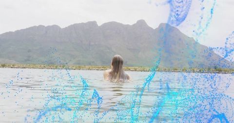 Serenity and Digital Art: Woman Immersed in Mountain Lake