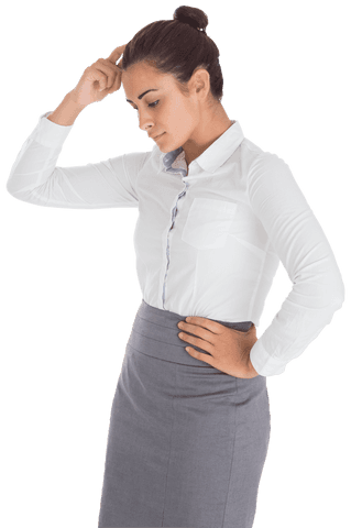 Thinking Hispanic Businesswoman in White Shirt and Gray Skirt on Transparent Background