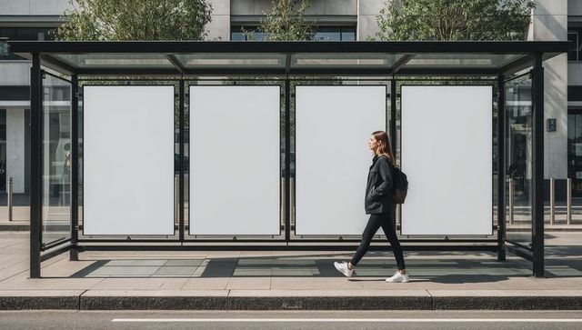 Woman walking by bus shelter displaying blank billboards