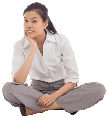 Transparent Businesswoman Sitting Cross-Legged in Thought