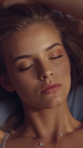 Vertical close-up of woman resting on pillow breathing slowly with pendant gently swaying