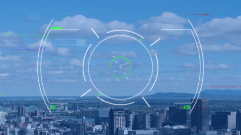 Futuristic Digital Overlay on Expansive Cityscape Skyline
