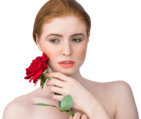 Elegant Redhead Holding Red Rose Transparent Background
