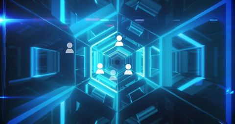 Neon lights tunnel with social media symbols