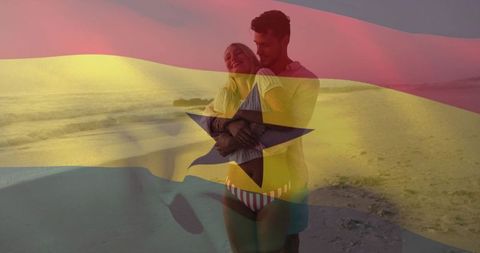 Romantic couple embracing on ghana beach at golden hour with ghana flag overlay