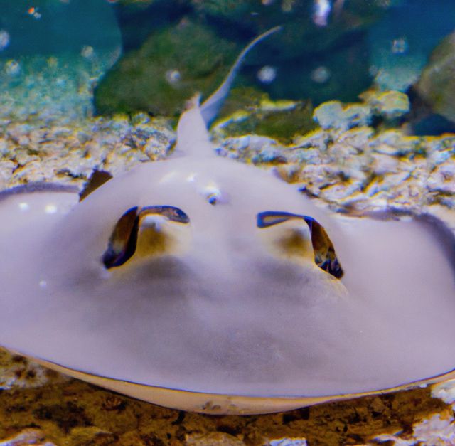 Colorful close-up of a stingray swimming over a rocky ocean floor, perfect for use in educational materials about marine life or ocean conservation efforts. Useful for designing posters, brochures, and articles focusing on aquatic environments, marine biology, and aquarium exhibits.